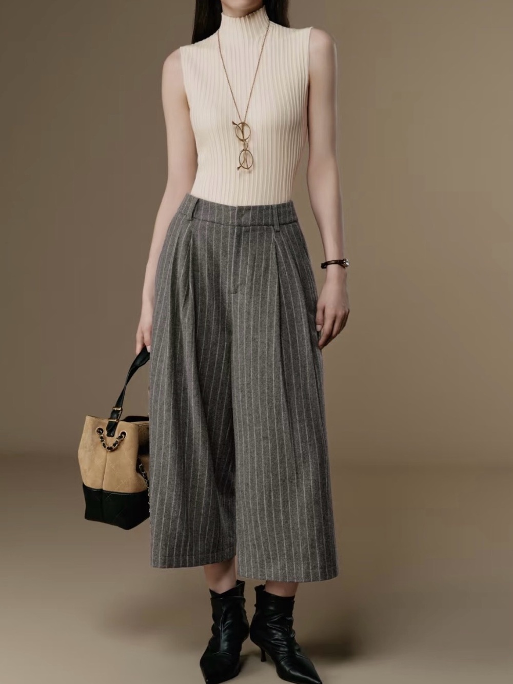 Max Studio Gray Tweed-Look Crop Wide Leg Career Pants